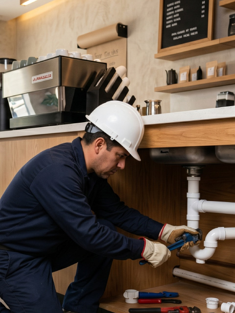 Instalaciones hidrosanitarias y de gas en local comercial de CDMX con técnico ejecutando instalación sanitaria y desagüe. Instalaciones hidrosanitarias y de gas en Chihuahua, México.