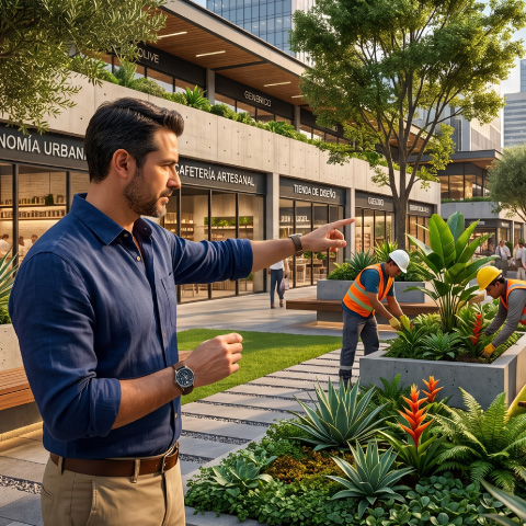 Paisajismo e interiorismo en Chihuahua, México aplicado a espacios comerciales modernos con áreas verdes de alto impacto.